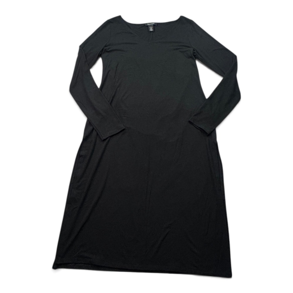 White House Black Market Midi Dress V-Neck Long Sleeve Slit Chic Womens Black M